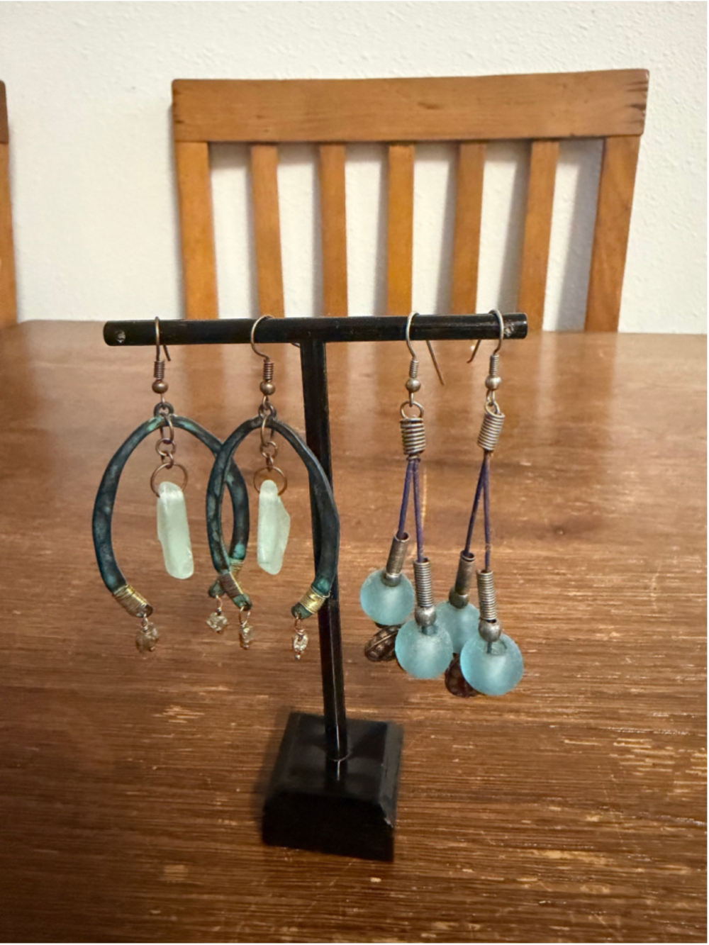 2 Pair Artisan Boho Dangle Earrings Aqua Frosted Glass Beaded Hoop Handmade